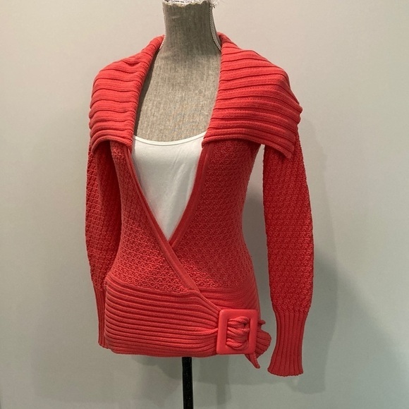 CACHE Vintage 80s Chunky Knit Sweater Side Buckle Wrap Size Small Retro RED - Picture 5 of 14